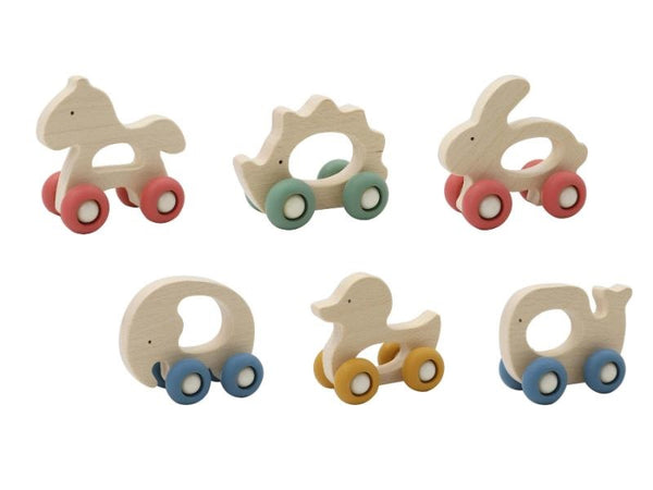 1 x Wooden Grip Animal with Silicone Wheels