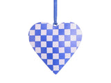 Joy Hand Painted Heart Tree Decoration - Blue/Pink Check