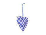 Joy Hand Painted Heart Tree Decoration - Blue/Pink Check