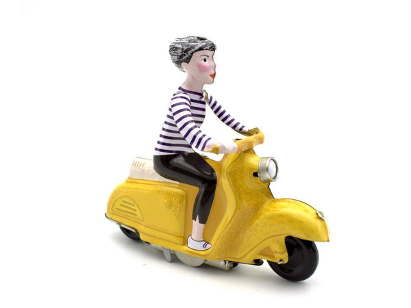 Scooter Girl - Blue & white top, yellow Vespa